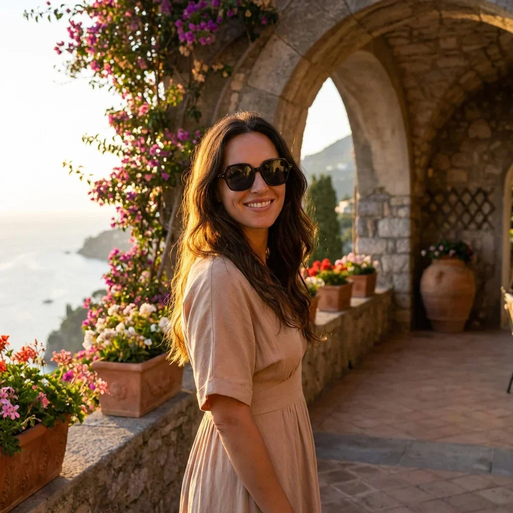 Mujer usando lentes sol Canarias bio-acetato polarizados Negro mujer golden hour atardecer costero elegante Bonoboss #editorial_banner #color_negro