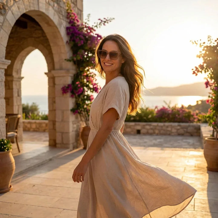 Women wearing lenses sun monteblack bio-acetate polarized brown golden hour sunset coastal elegancia uv proteccion bonoboss #editorial_banner #color_brown