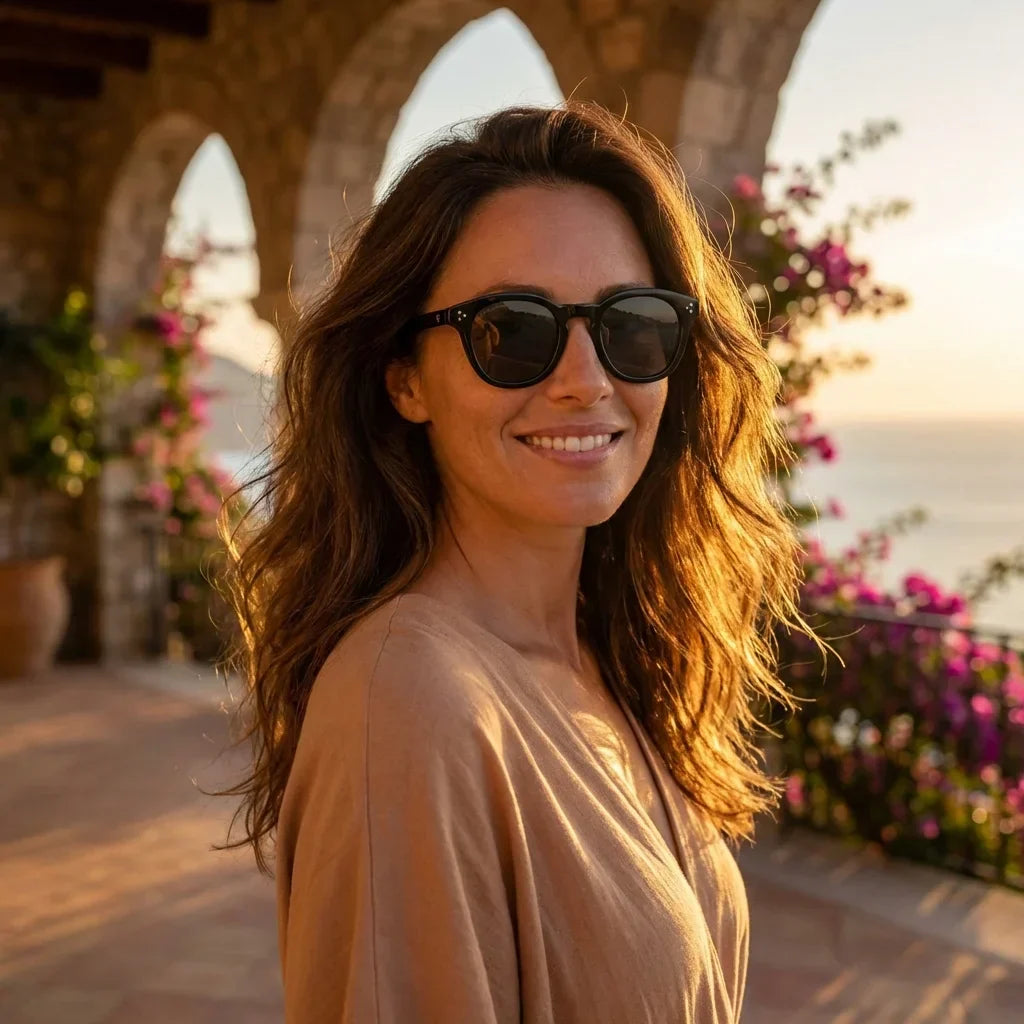 Mujer usando lentes sol Lenga bio-acetato polarizados Negro mujer golden hour atardecer costero elegante Bonoboss #editorial_banner #color_negro