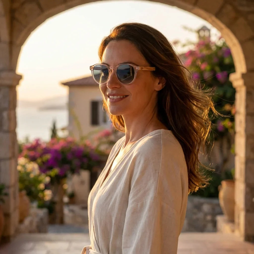 Mujer usando lentes sol Galapagos madera nogal polarizados Transparente mujer golden hour atardecer costero elegante Bonoboss #editorial_banner #color_transparente