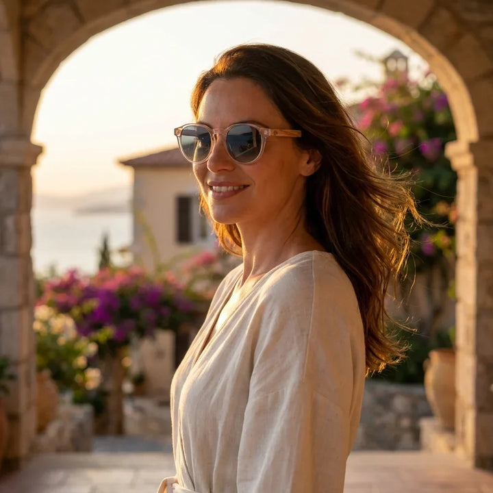 Women wearing lenses sun galapagos wood nogal polarized clear women golden hour sunset coastal elegant bonoboss #editorial_banner #color_transparente