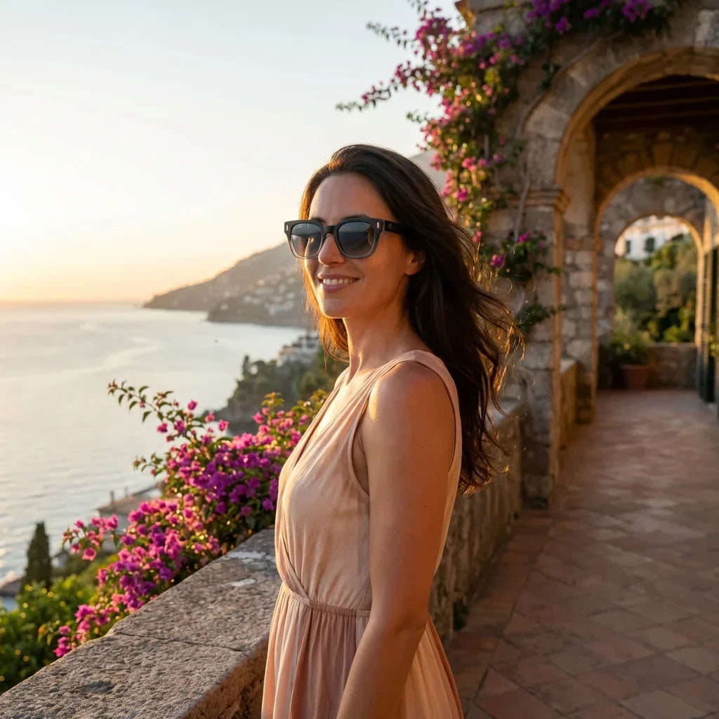 Mujer usando lentes sol Osorno RPET reciclado grad black golden hour atardecer costero estilo sofisticado Bonoboss #editorial_banner #color_black