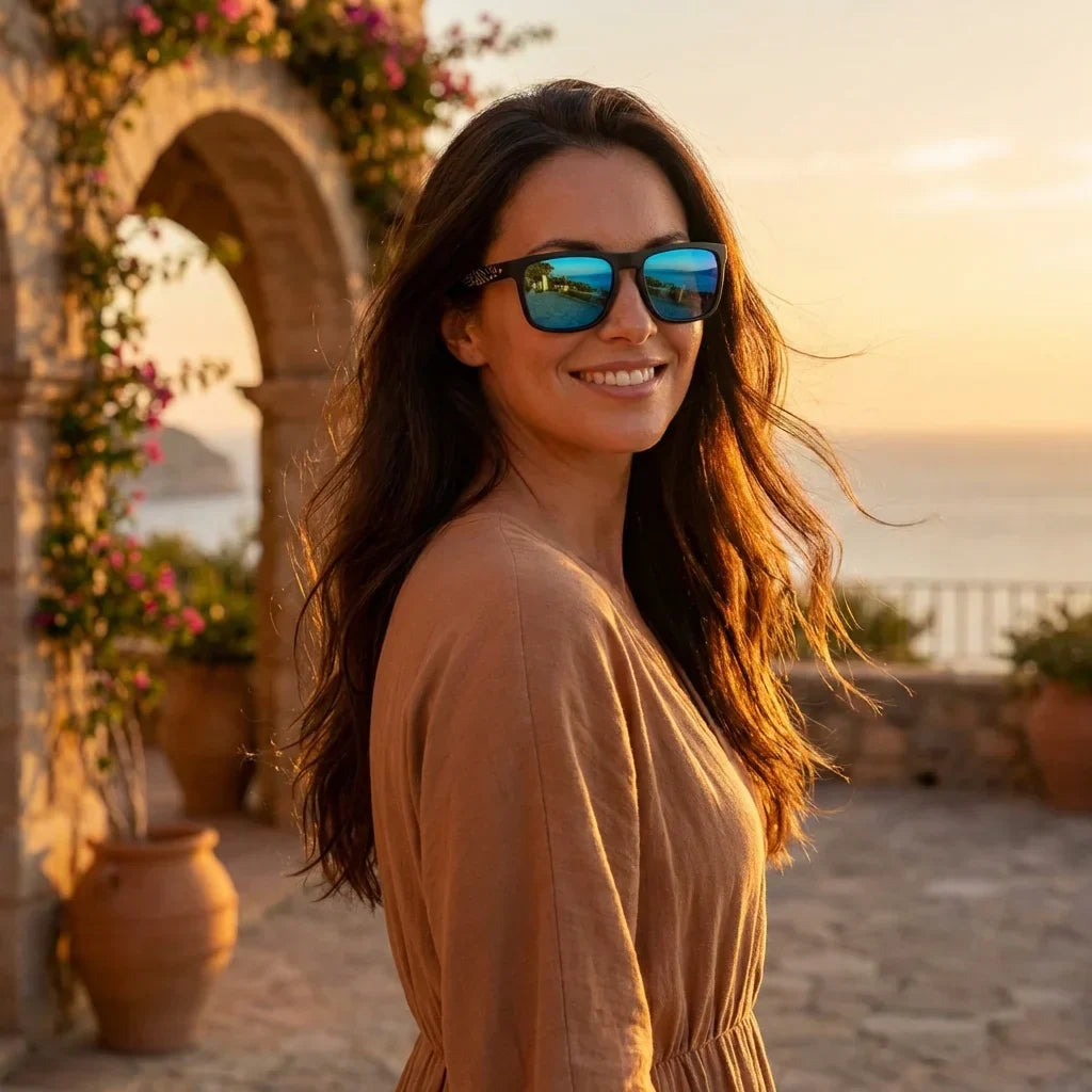 Mujer usando lentes sol Lautaro Dark Designer's madera polarizados waves-sky golden hour atardecer costero elegancia UV proteccion Bonoboss #editorial_banner #color_waves-sky