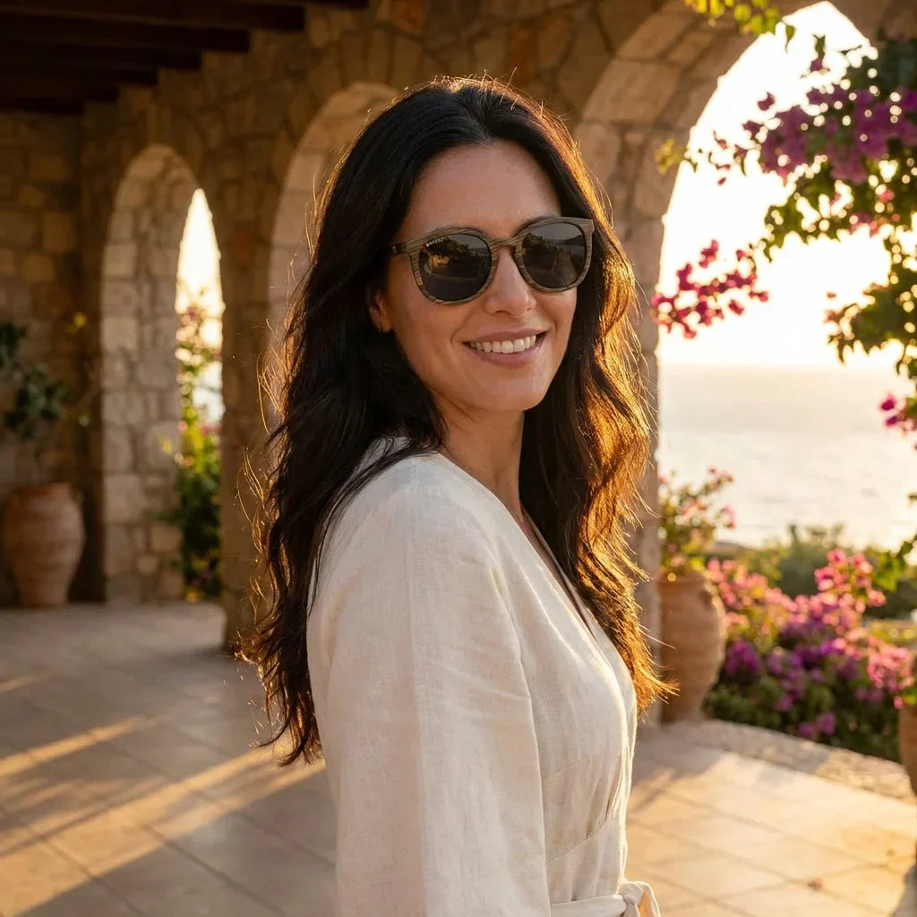 Mujer usando lentes sol Meli Ebony madera ebony polarizado polarizados Negro mujer golden hour atardecer costero Bonoboss Chile #editorial_banner #color_negro