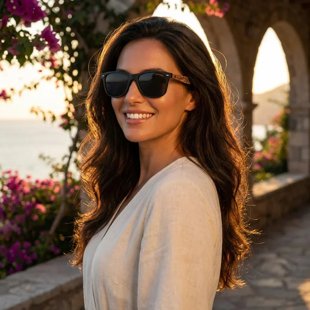 Mujer usando lentes sol Acacia Designers polarizados waves golden hour atardecer dorado elegante Bonoboss #editorial_sustentabilidad #color_waves