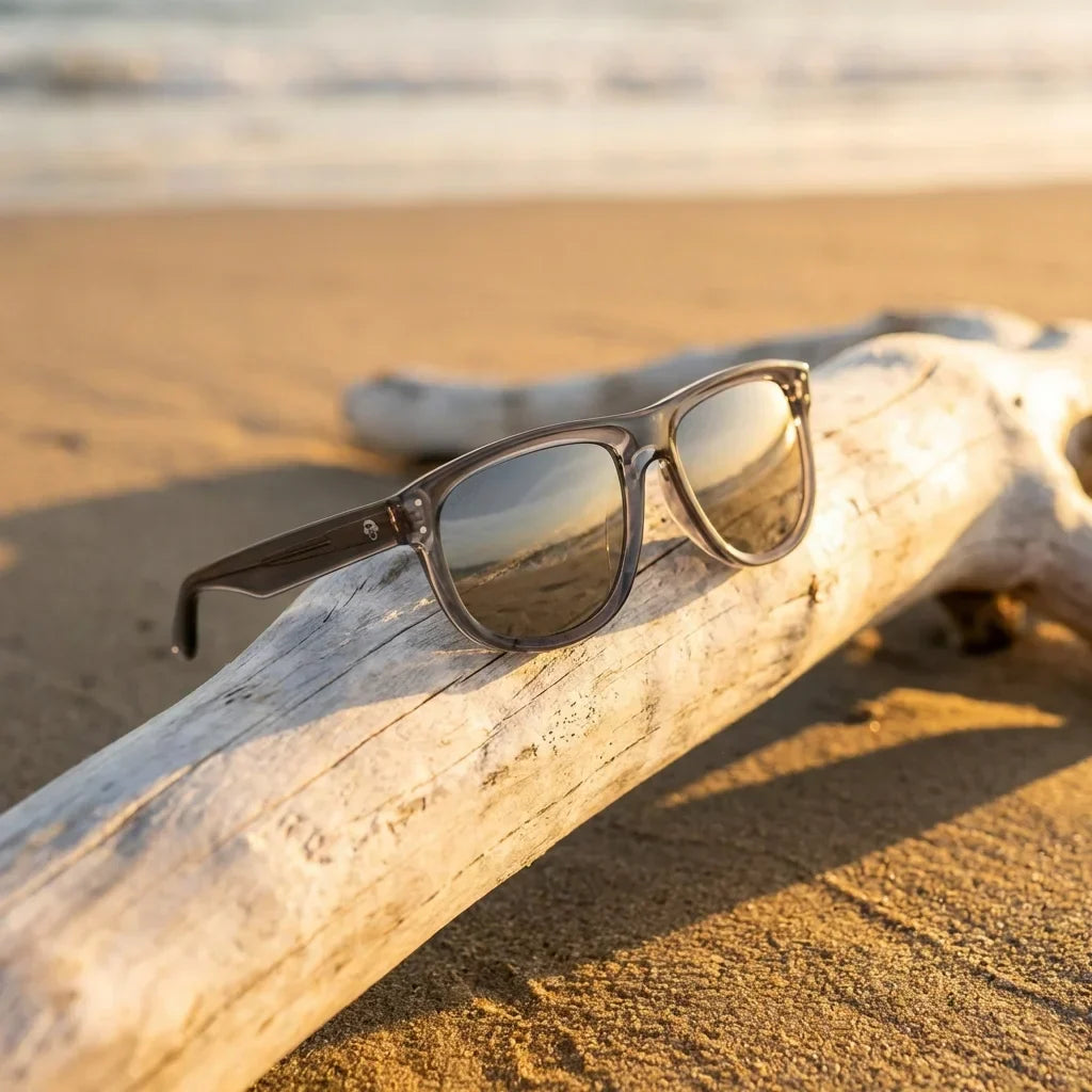Lenses sun girlfriend reverse polarized UV400 bio-acetate mirrored gray sobre golden driftwood coastal lens reflection bonoboss #editorial_polarizado #color_espejado-gris
