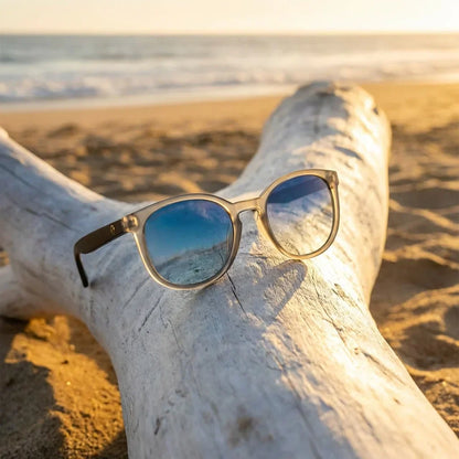 Lentes sol Meli TSP polarizados bio-acetato TSP degrade azul sobre driftwood dorado reflejo costero Bonoboss #editorial_banner #color_degrade-azul