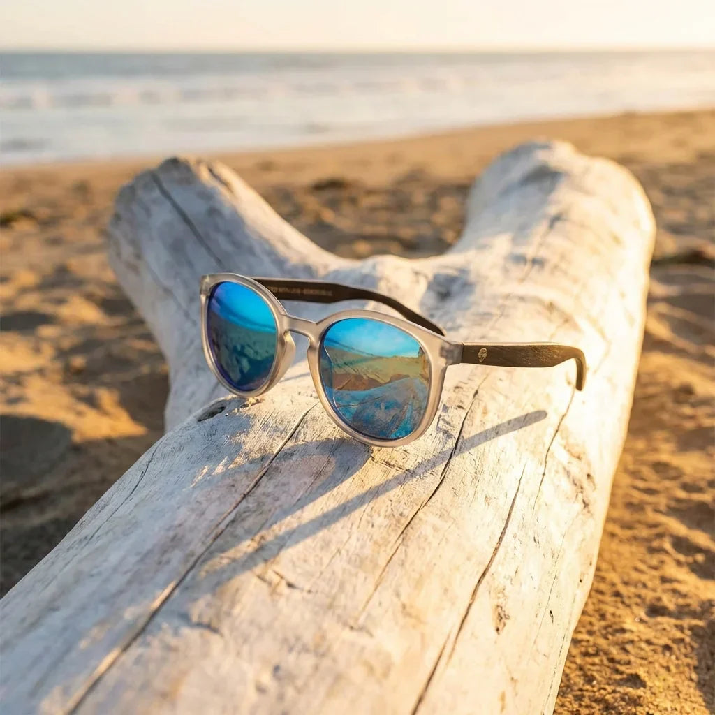 Lentes sol Meli TSP polarizados bio-acetato TSP espejado azul sobre driftwood dorado luz costera Bonoboss #editorial_detail1 #color_espejado-azul