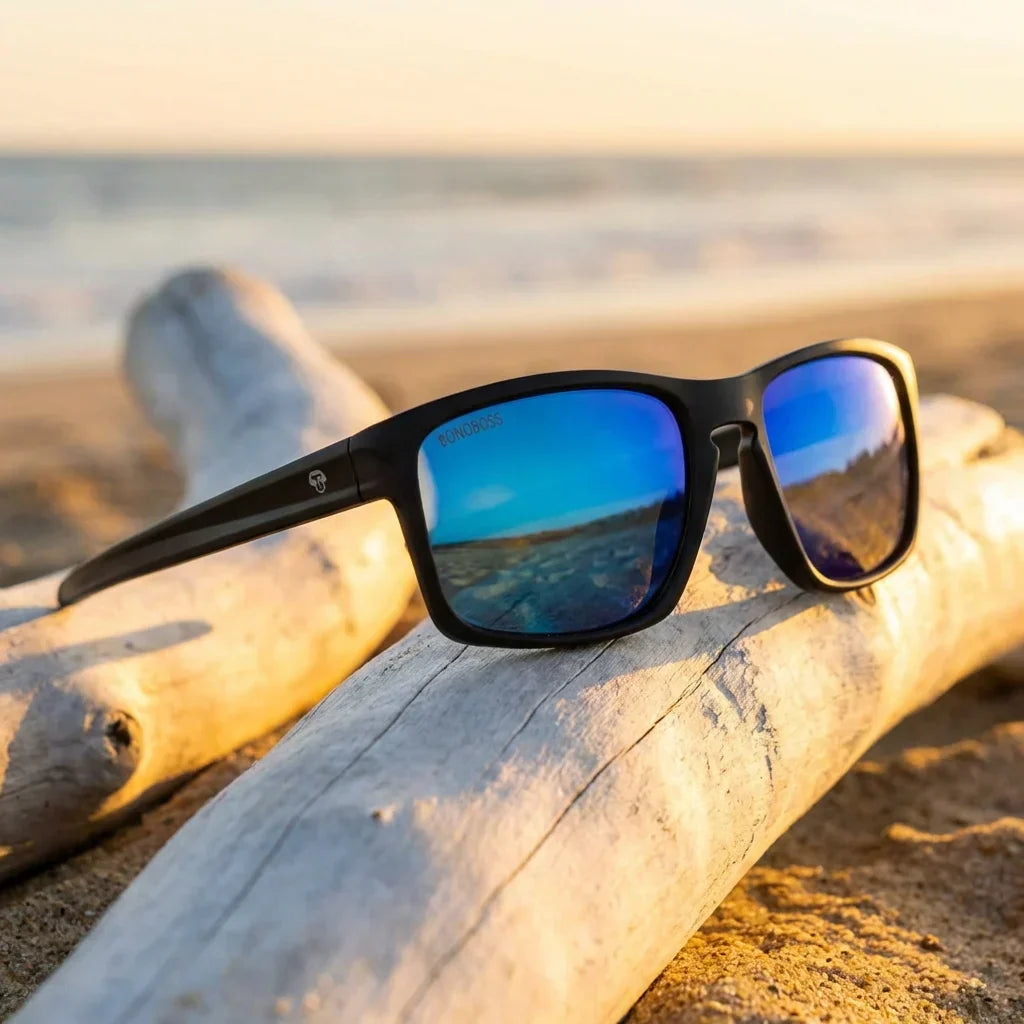 Lenses sun lautaro rpet polarized UV400 rpet recycled black sobre marmol black elegant surface bonoboss #editorial_polarizado #color_negro