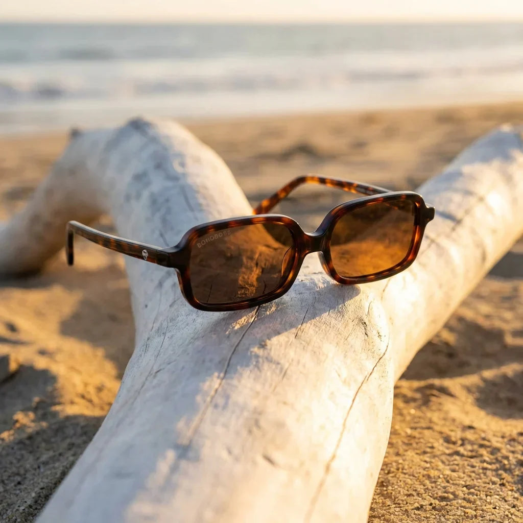 Lentes sol Navarino polarizados UV400 bio-acetato carey sobre driftwood dorado reflejo lente costero Bonoboss #editorial_polarizado #color_carey