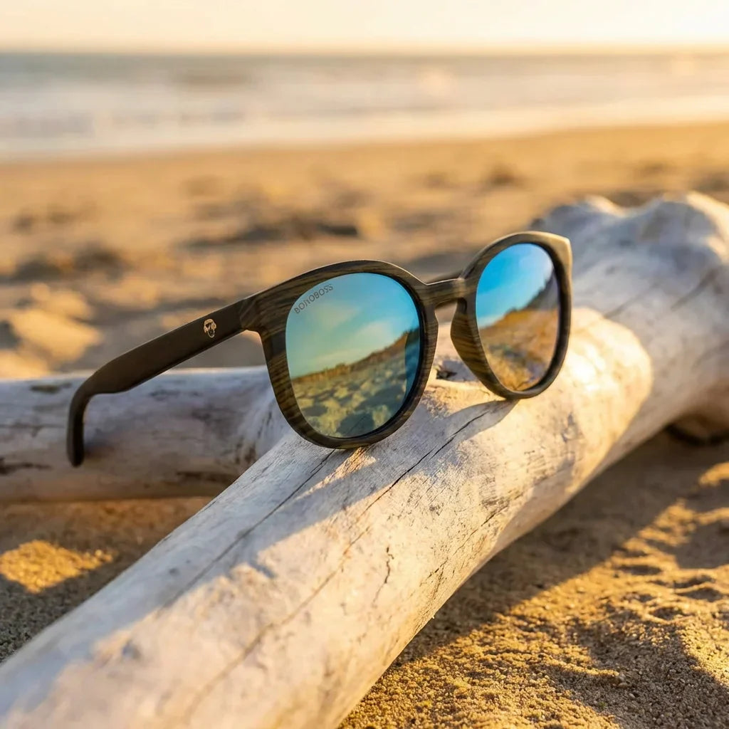 Lentes sol Meli Ebony polarizados madera ebony polarizado Espejado Azul sobre driftwood dorado reflejo lente Bonoboss #editorial_detail2 #color_espejado-azul