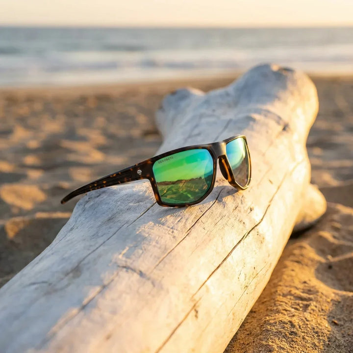 Lenses sun ollie polarized bio-acetate mirrored green sobre driftwood gold reflejo luz costera bonoboss #editorial_banner #color_espejado-verde
