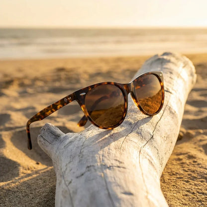 Lentes sol Hanga Roa polarizados UV400 bio-acetato carey sobre driftwood dorado reflejo lente costero Bonoboss #editorial_polarizado #color_carey