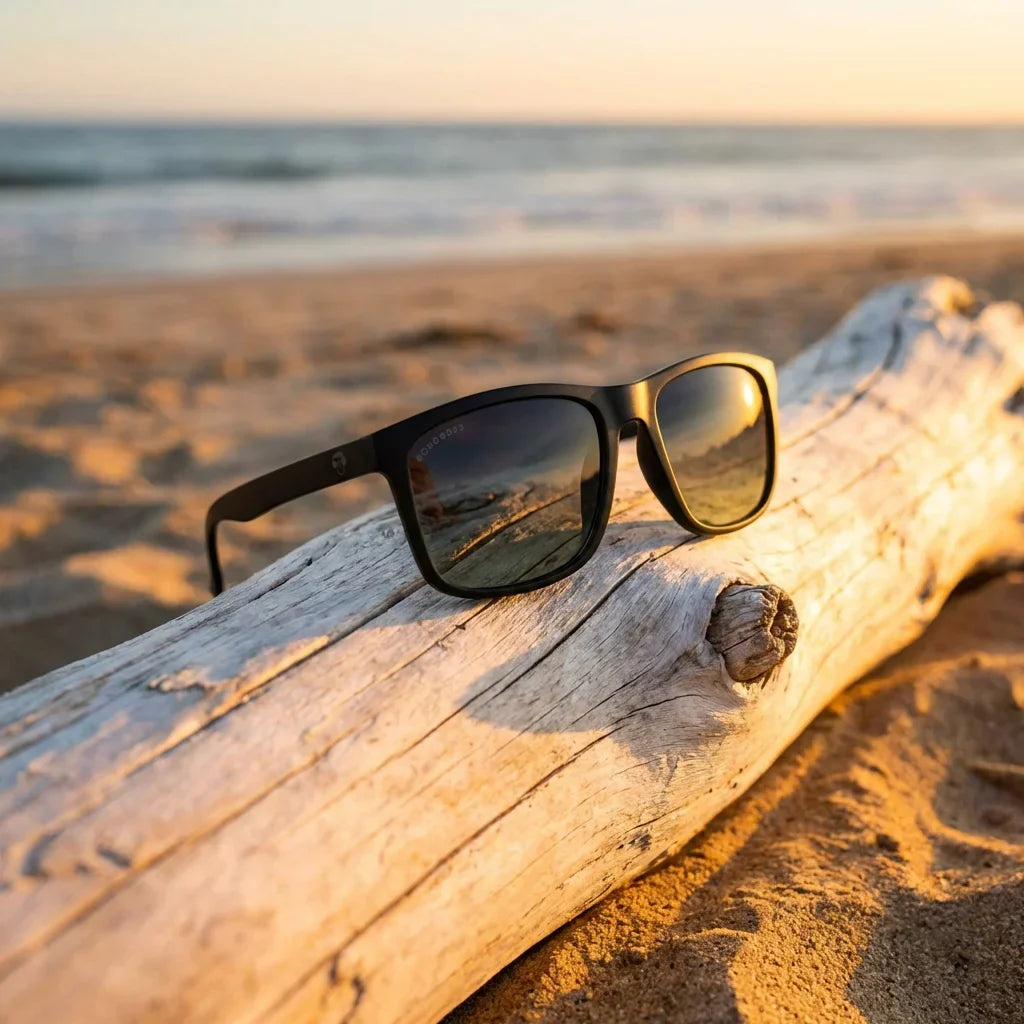 Lentes sol Rapanui RPET polarizados RPET reciclado black sobre driftwood dorado reflejo lente costero Bonoboss Chile #editorial_banner #color_black