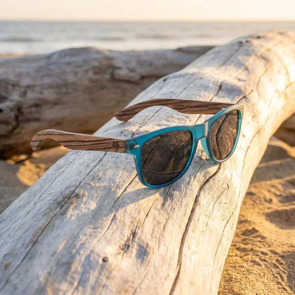 Lentes sol Acacia polarizados UV400 madera zebrano Ocean Smoke sobre driftwood dorado reflejo lente costero Bonoboss #editorial_banner #color_ocean-smoke