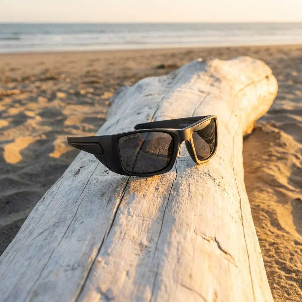 Lentes sol Salmon Seeker polarizados bio-acetato dark sobre driftwood dorado reflejo lente pesca costa Bonoboss #editorial_detail1 #color_dark