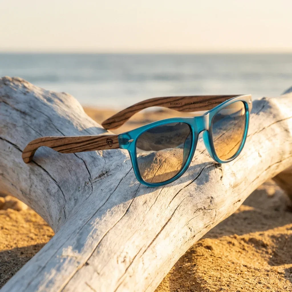 Lentes sol Acacia polarizados UV400 madera zebrano Ocean Gradiente Azul sobre driftwood dorado reflejo lente costero Bonoboss #editorial_banner #color_ocean-gradiente-azul