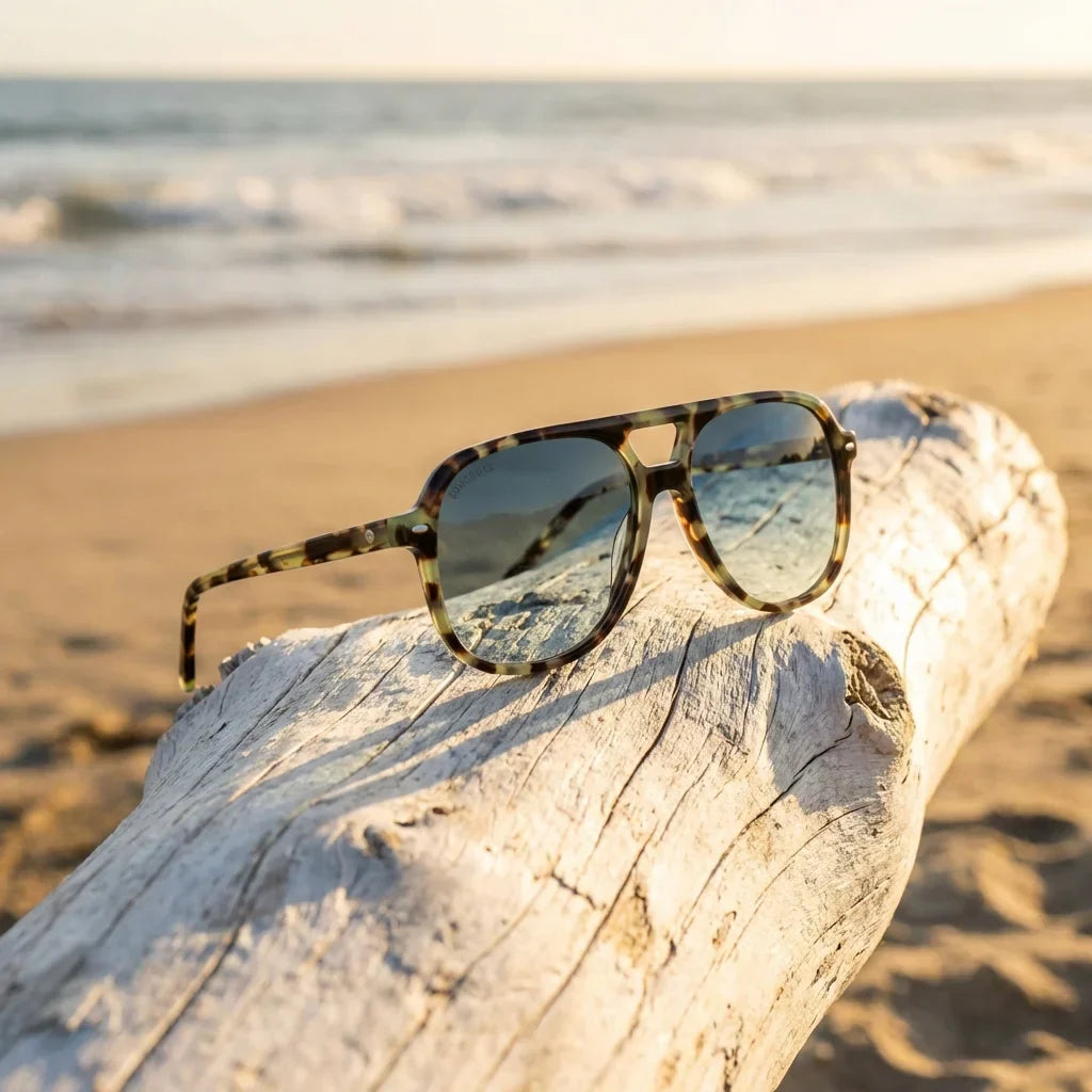 Lenses sun orson e.d polarized UV400 bio-acetate green sobre golden driftwood coastal lens reflection bonoboss #editorial_polarizado #color_verde