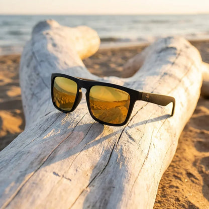 Lentes sol Lautaro Dark polarizados UV400 acetato espejado dorado sobre driftwood dorado reflejo lente costero Bonoboss #editorial_banner #color_espejado-dorado