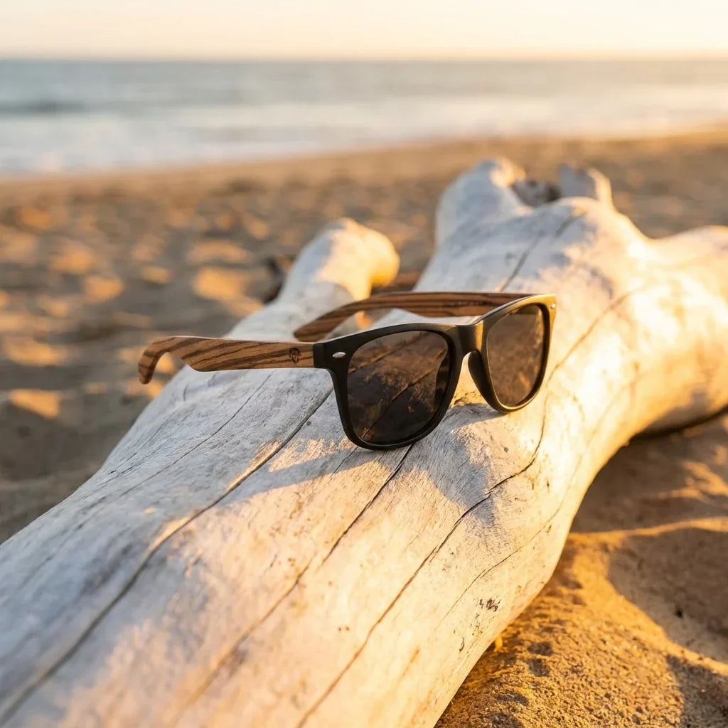 Lentes sol Acacia polarizados UV400 madera zebrano Negro Smoke sobre driftwood dorado reflejo lente costero Bonoboss #editorial_banner #color_negro-smoke