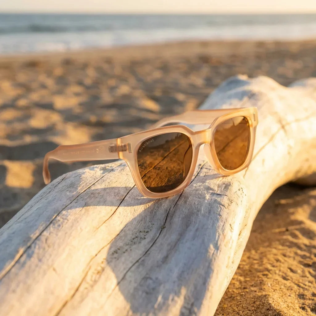 Lentes sol Osorno RPET reciclado champagne sobre driftwood dorado reflejo lente luz natural costa Bonoboss #editorial_banner #color_champagne