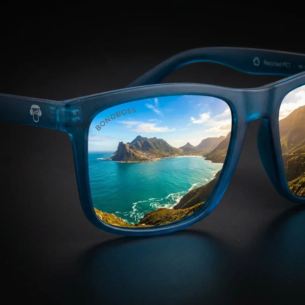 Lentes sol Rapanui RPET polarizados UV400 RPET reciclado light ocean close-up lente reflejo paisaje costero Bonoboss #editorial_polarizado #color_light-ocean