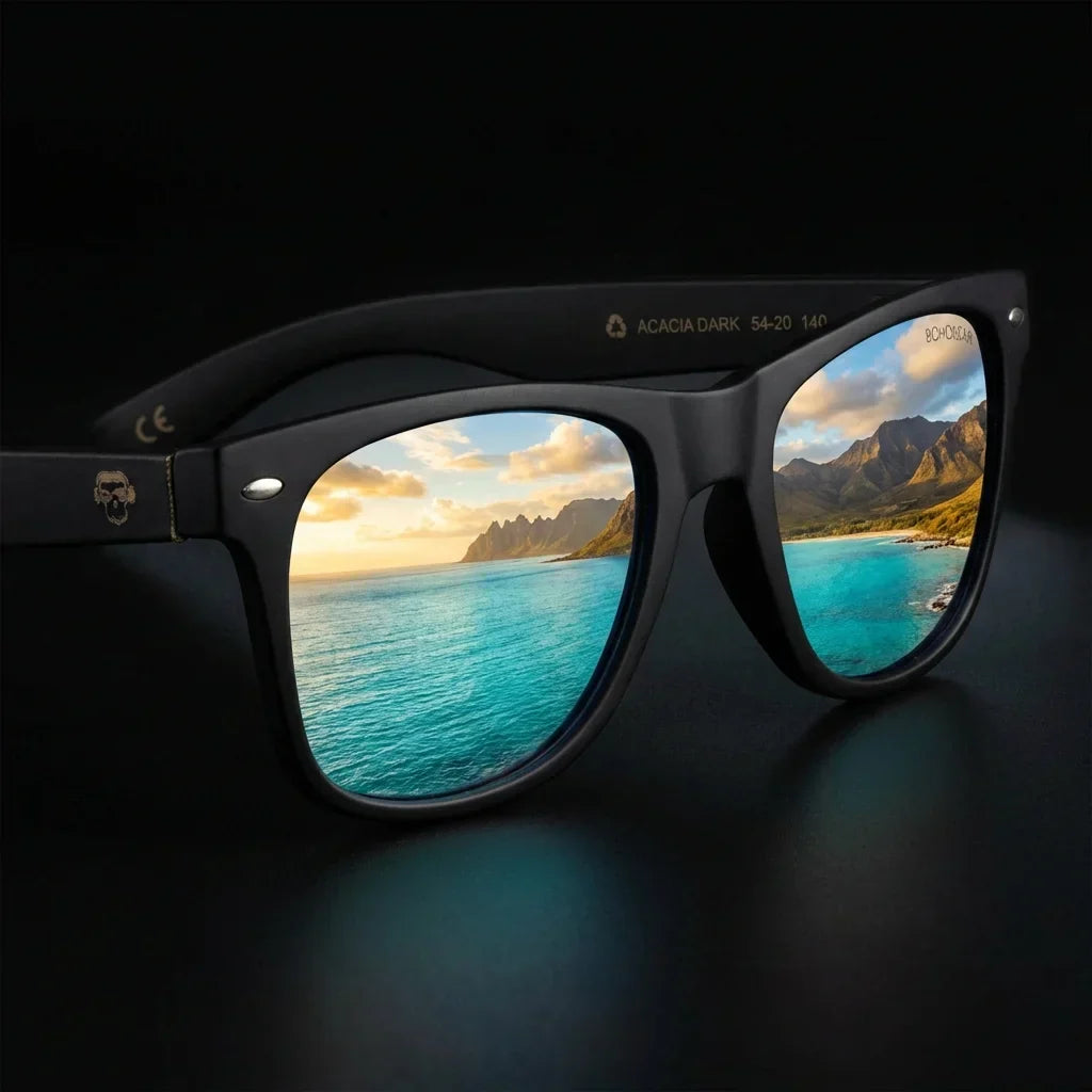 Lentes sol Acacia Dark polarizados UV400 madera acacia sky close-up lente reflejo infinito paisaje costero Bonoboss #editorial_polarizado #color_sky