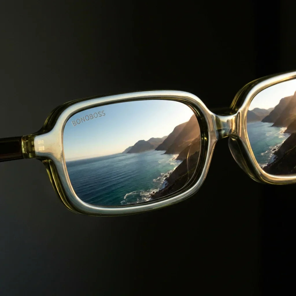 Lentes sol Navarino polarizados UV400 bio-acetato verde close-up lente reflejo paisaje costero infinito Bonoboss #editorial_polarizado #color_verde