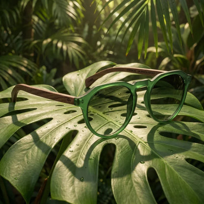 Lentes sol Galapagos polarizados acetato madera forest composicion botanica hoja monstera tropical Bonoboss #editorial_grid2 #color_forest