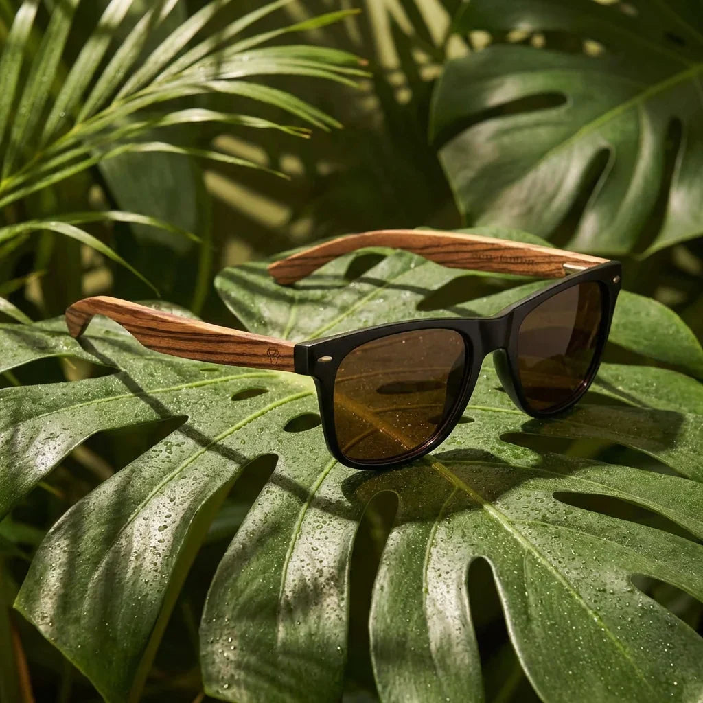 Lentes sol Acacia polarizados UV400 madera zebrano Negro Brown composicion botanica monstera tropical natural Bonoboss #editorial_grid2 #color_negro-brown