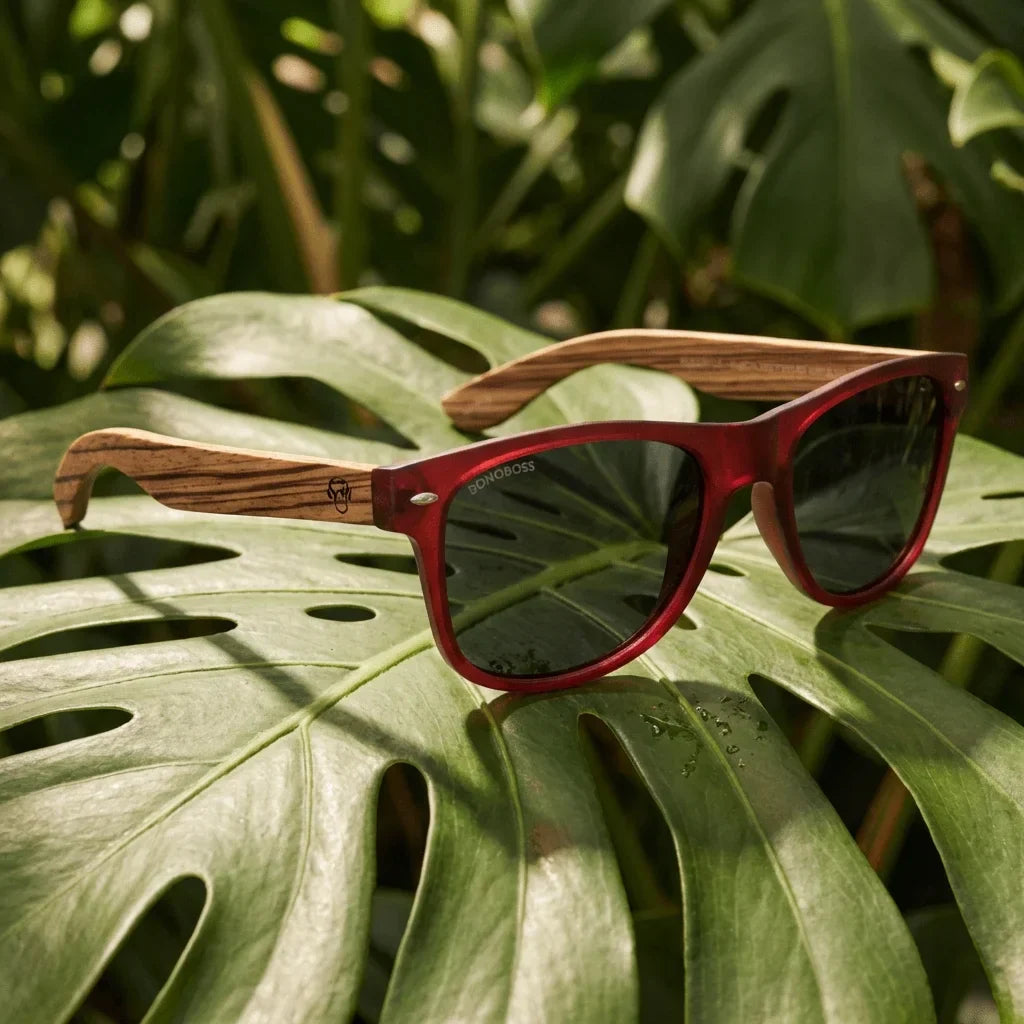 Lentes sol Acacia polarizados UV400 madera zebrano Wine Smoke composicion botanica monstera tropical natural Bonoboss #editorial_grid2 #color_wine-smoke