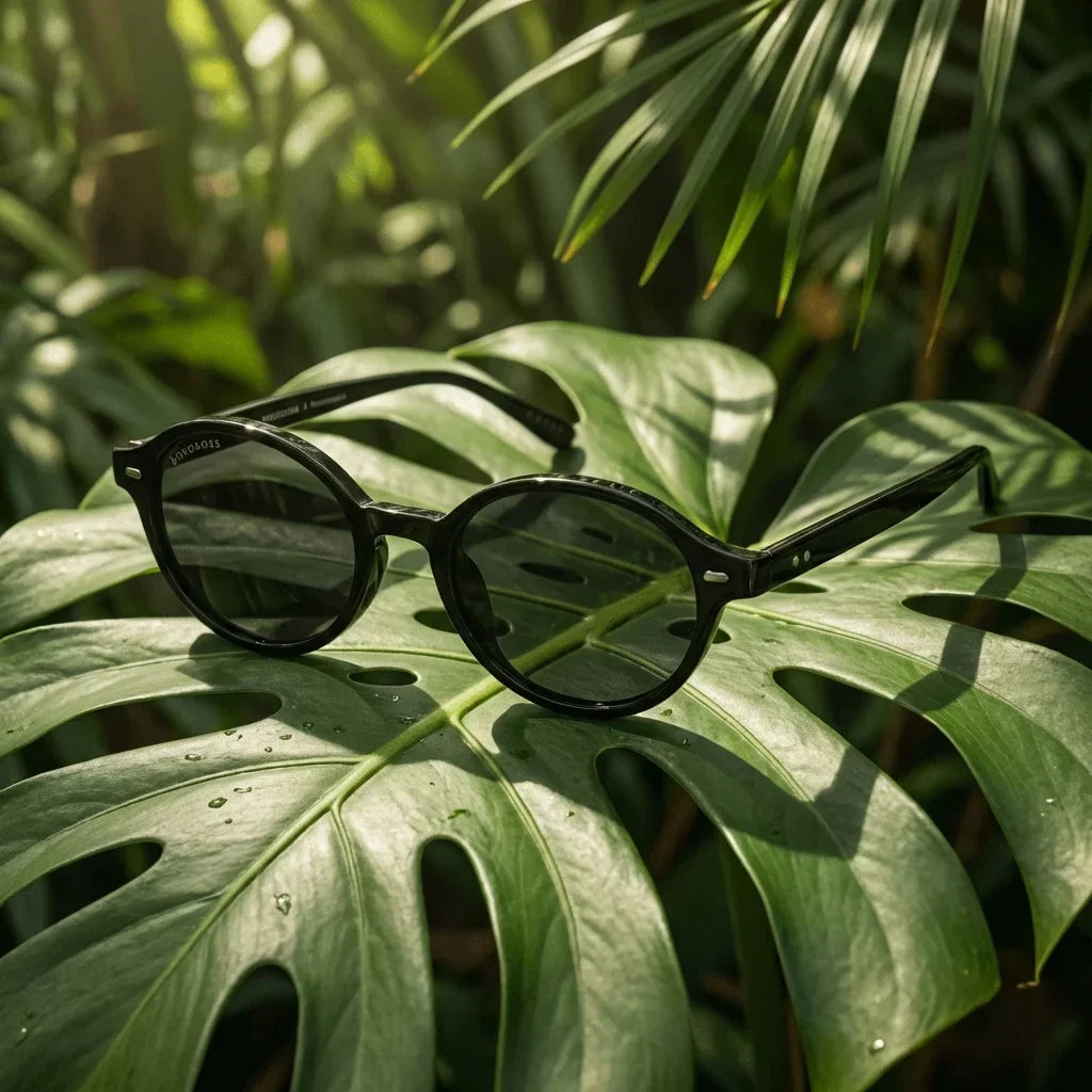 Lenses sun capri polarized rpet recycled black botanical composition monstera tropical sustainable bonoboss #editorial_grid2 #color_black