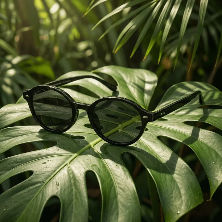 Lenses sun capri polarized rpet recycled black botanical composition monstera tropical sustainable bonoboss #editorial_grid2 #color_black