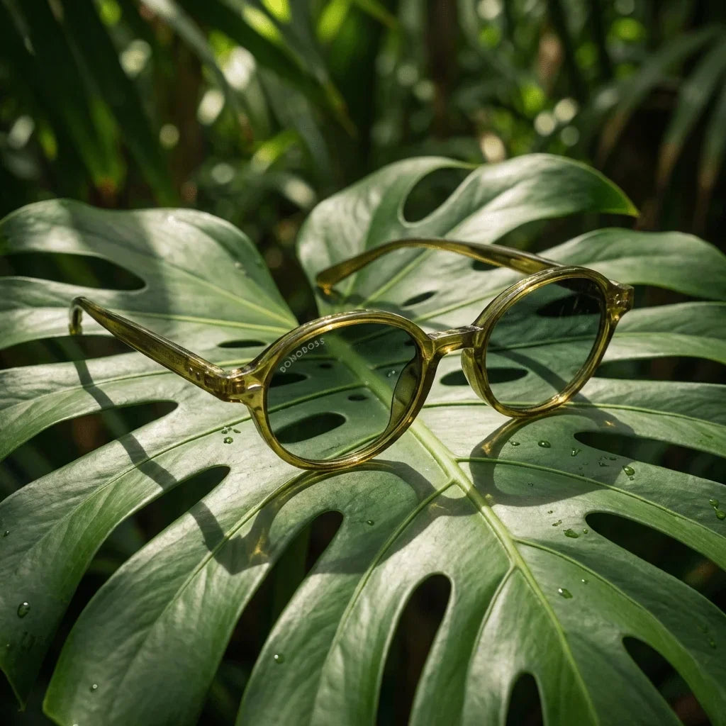 Lentes sol Capri polarizados RPET reciclado olive light composicion botanica monstera tropical sustentable Bonoboss #editorial_grid2 #color_olive-light