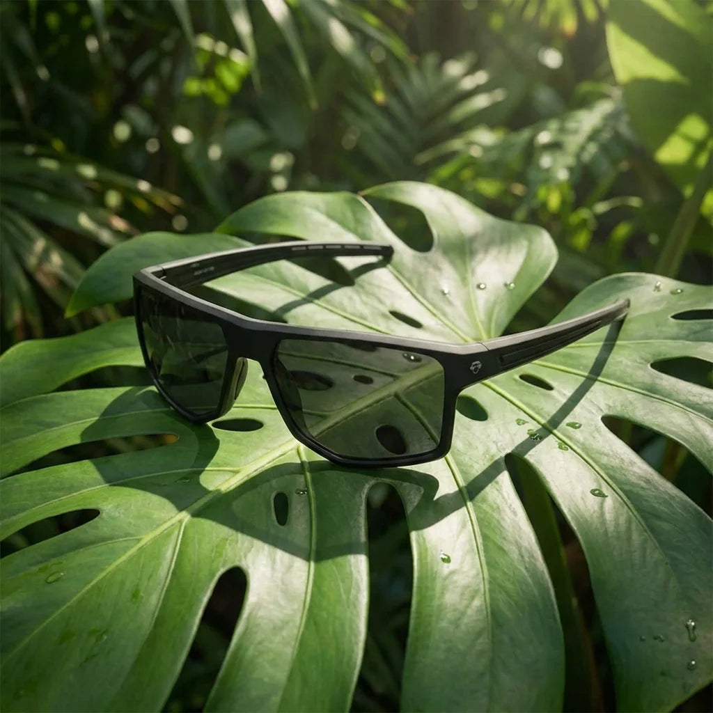 Lenses sun ollie polarized bio-acetate biodegradable black sobre hoja monstera botanica tropical bonoboss #editorial_grid2 #color_negro