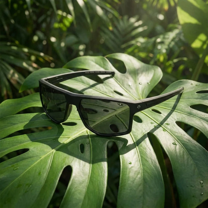 Lenses sun ollie polarized bio-acetate biodegradable black sobre hoja monstera botanica tropical bonoboss #editorial_grid2 #color_negro