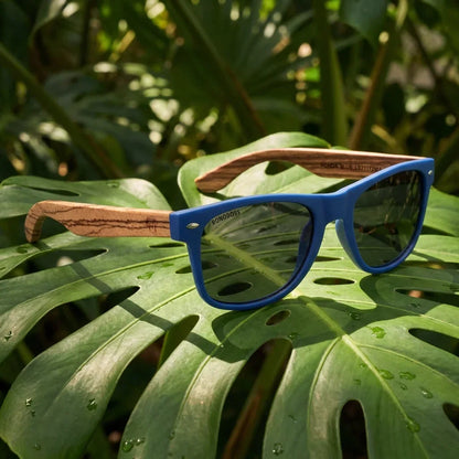 Lentes sol Acacia polarizados UV400 madera zebrano Blue Smoke composicion botanica monstera tropical natural Bonoboss #editorial_grid2 #color_blue-smoke