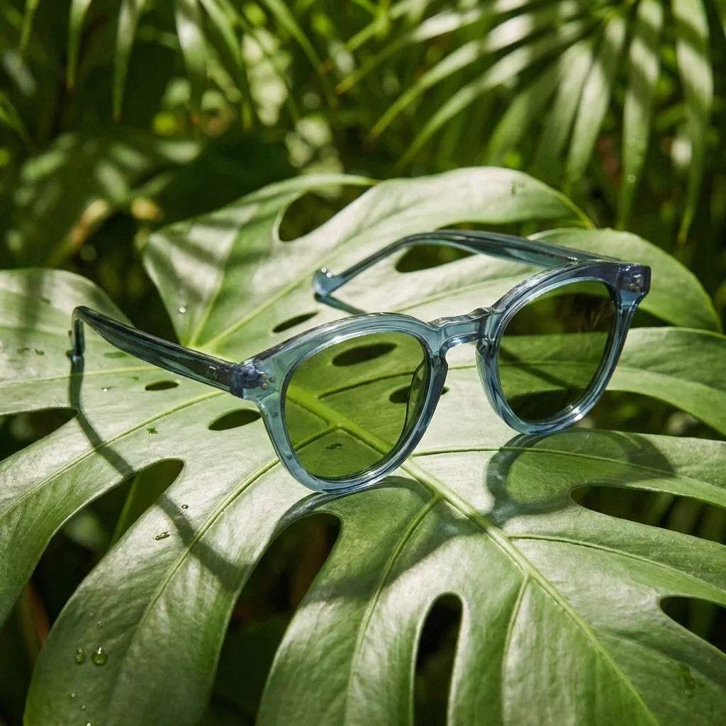Lentes sol Lenga polarizados UV400 bio-acetato Azul composicion botanica monstera tropical natural Bonoboss #editorial_grid2 #color_azul