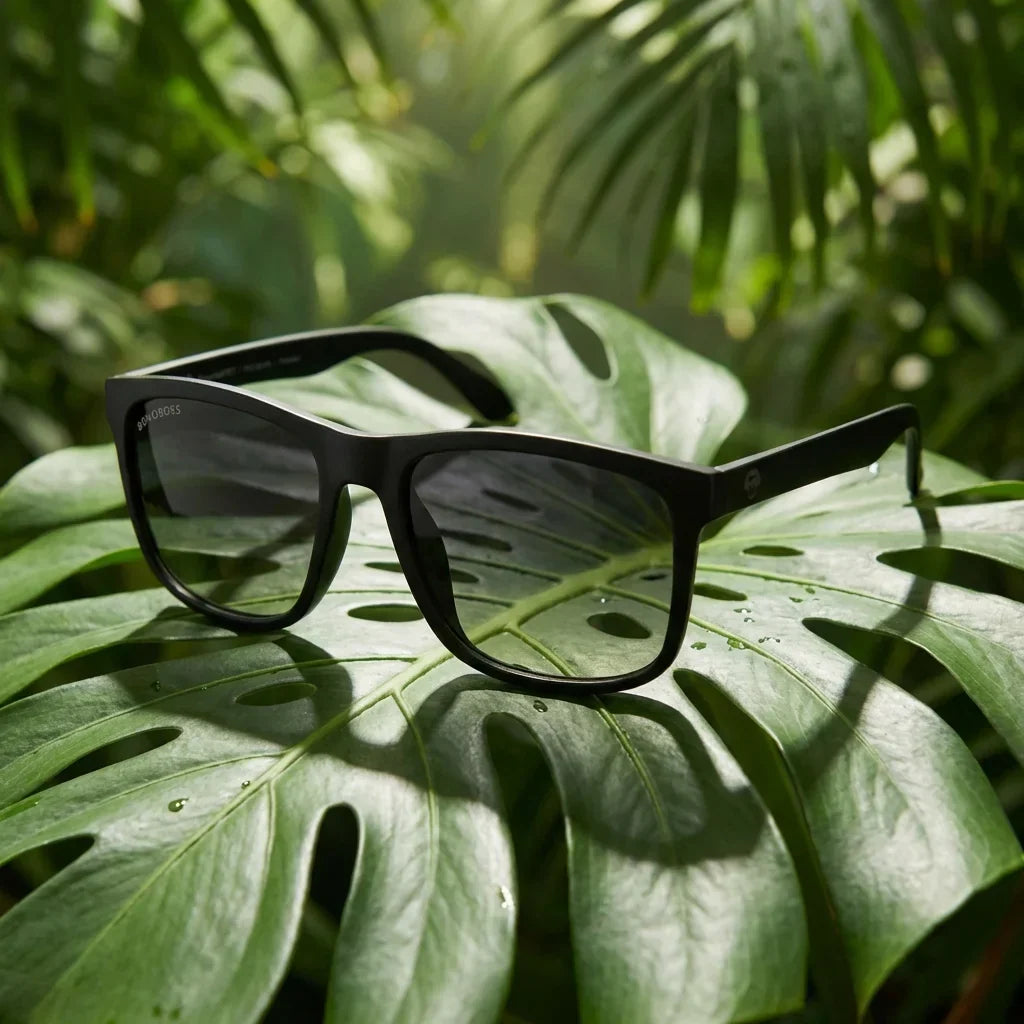 Lentes sol Rapanui RPET polarizados RPET reciclado biodegradable black composicion botanica monstera tropical Bonoboss #editorial_grid2 #color_black