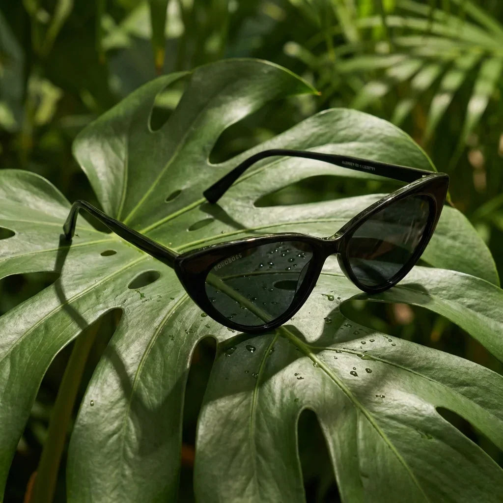 Lentes sol Audrey Red polarizados negro composicion botanica hoja monstera tropical Bonoboss #editorial_grid2 #color_negro