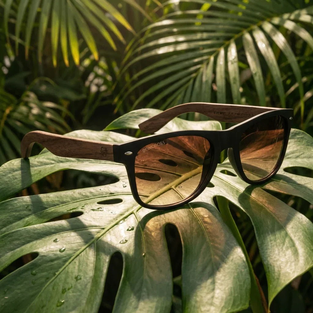 Lentes sol Acacia Nogal polarizados gradiente cafe composicion botanica hoja monstera tropical Bonoboss #editorial_grid2 #color_gradiente-cafe