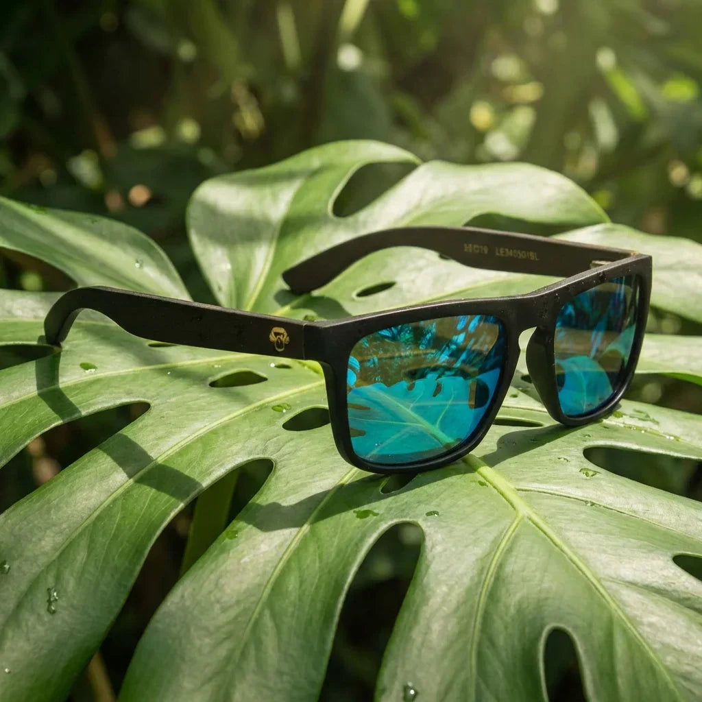 Lentes sol Lautaro Dark polarizados acetato sky composicion botanica hoja monstera tropical Bonoboss #editorial_grid2 #color_sky