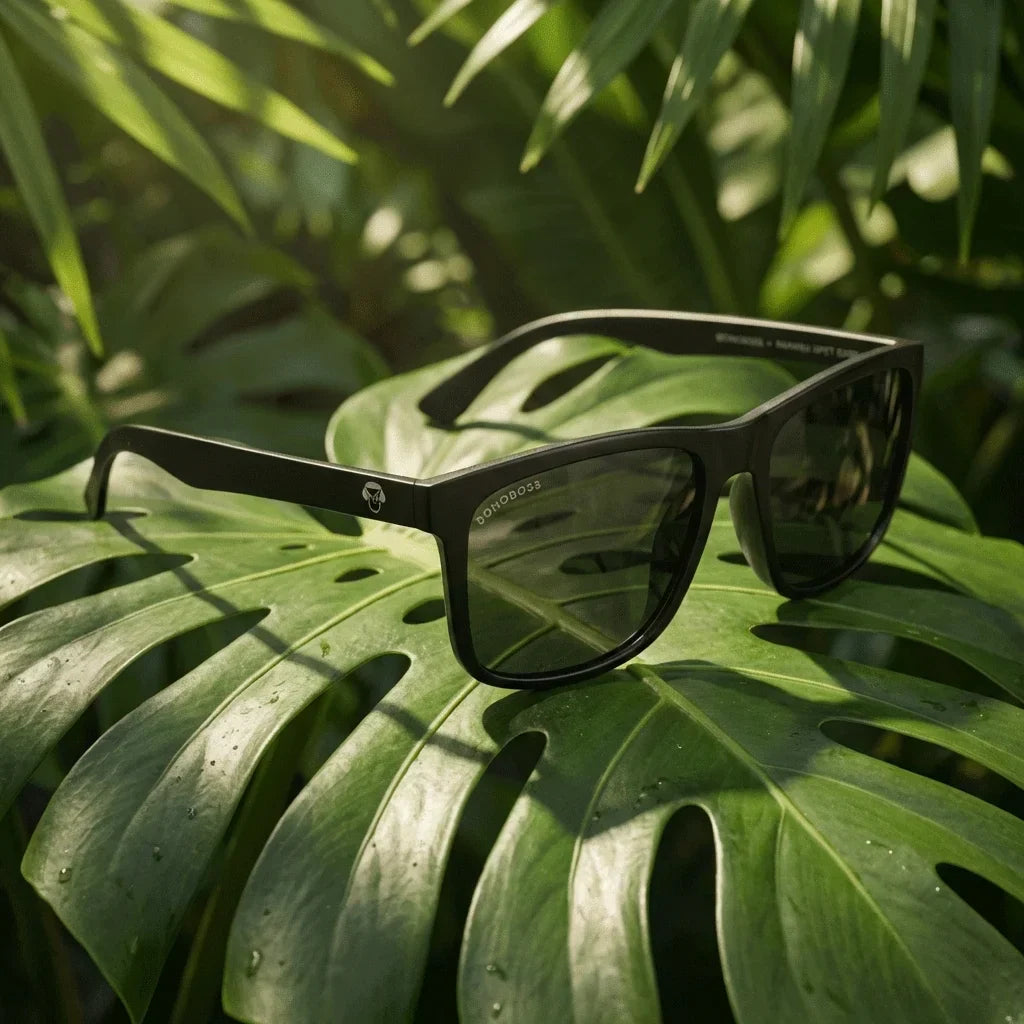 Lenses sun rapanui rpet polarized rpet recycled biodegradable dark botanical composition monstera tropical bonoboss #editorial_grid2 #color_dark
