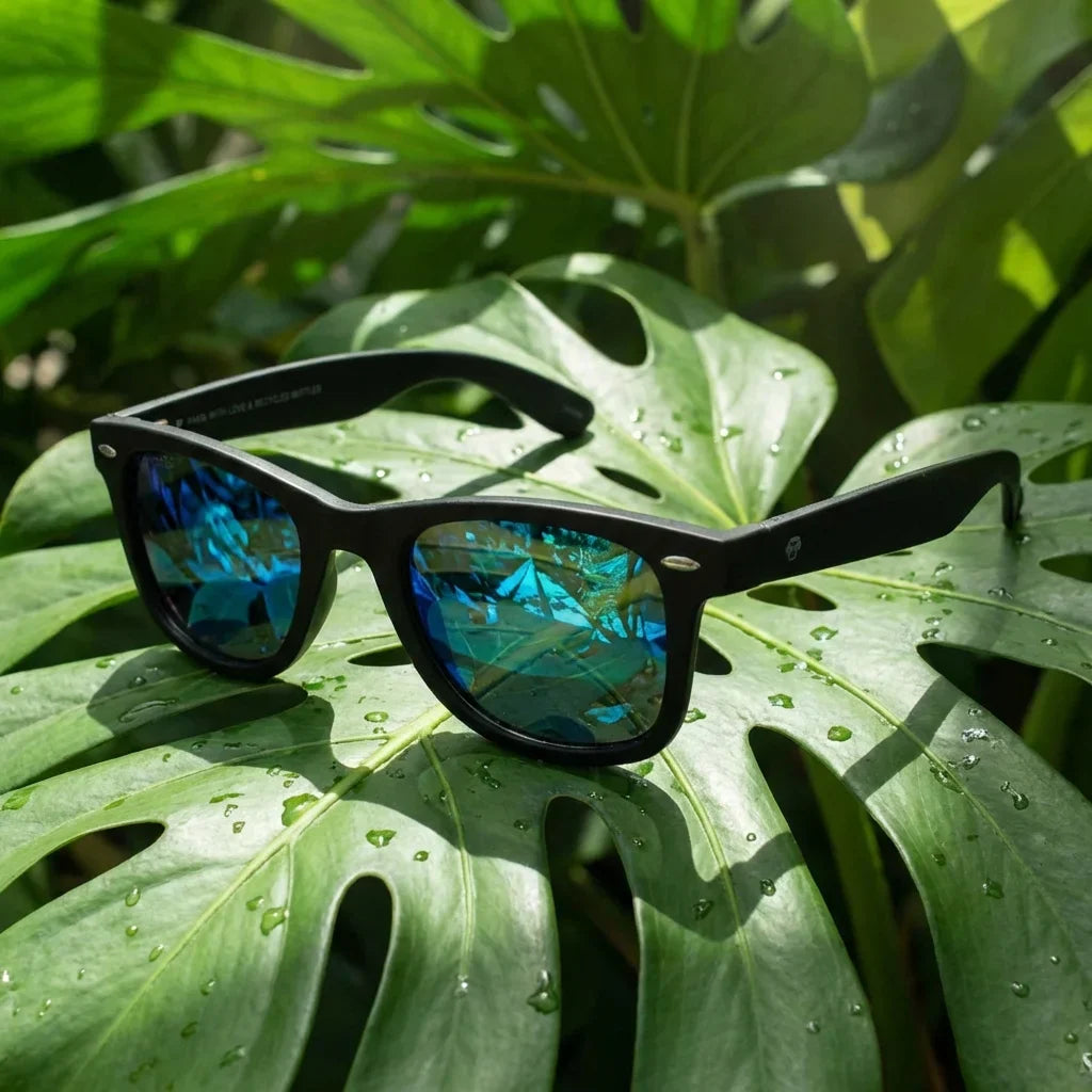 Lentes sol Acacio rPET polarizados RPET reciclado sky composicion botanica hoja monstera tropical Bonoboss #editorial_grid2 #color_sky