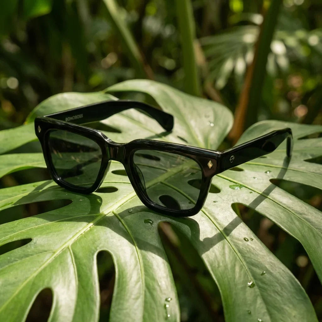 Lentes sol Bruno polarizados UV400 bio-acetato Negro composicion botanica monstera tropical natural Bonoboss #editorial_grid2 #color_negro