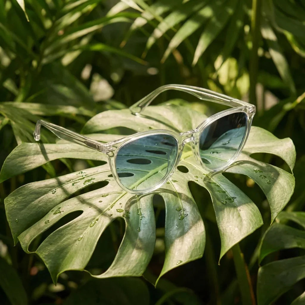 Lenses sun henua polarized bio-acetate clear botanical composition monstera tropical biodegradable bonoboss #editorial_grid2 #color_transparente