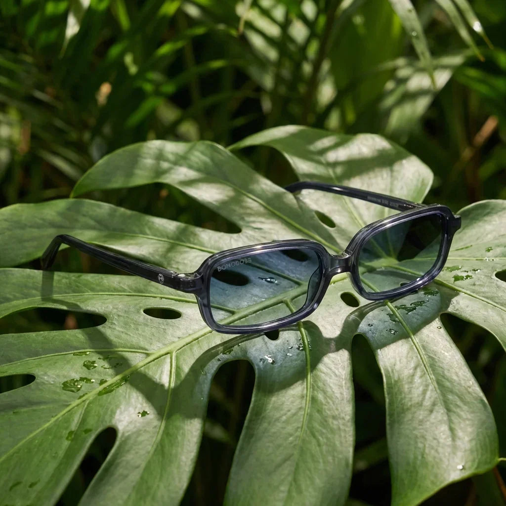 Lentes sol Navarino polarizados bio-acetato azul composicion botanica monstera tropical biodegradable Bonoboss #editorial_grid2 #color_azul
