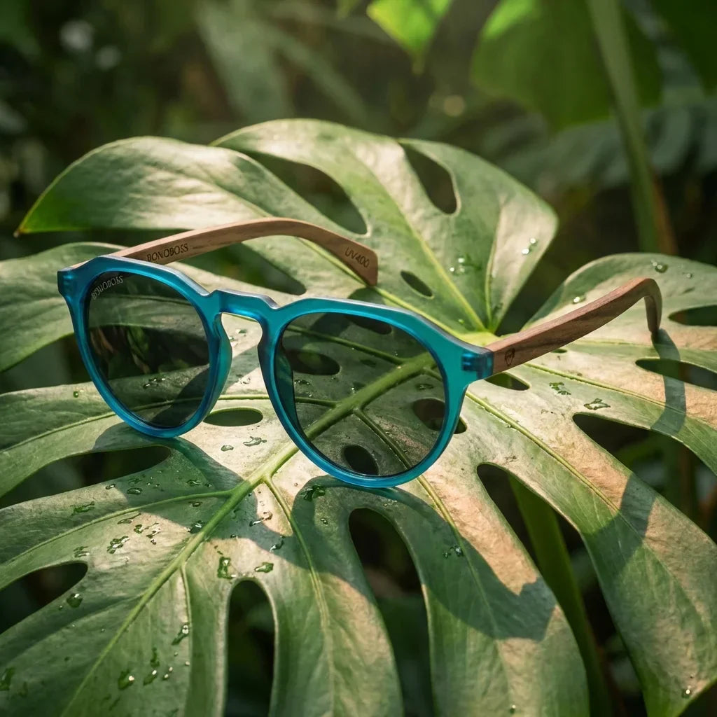 Lentes sol Galapagos polarizados acetato madera ocean composicion botanica hoja monstera tropical Bonoboss #editorial_grid2 #color_ocean