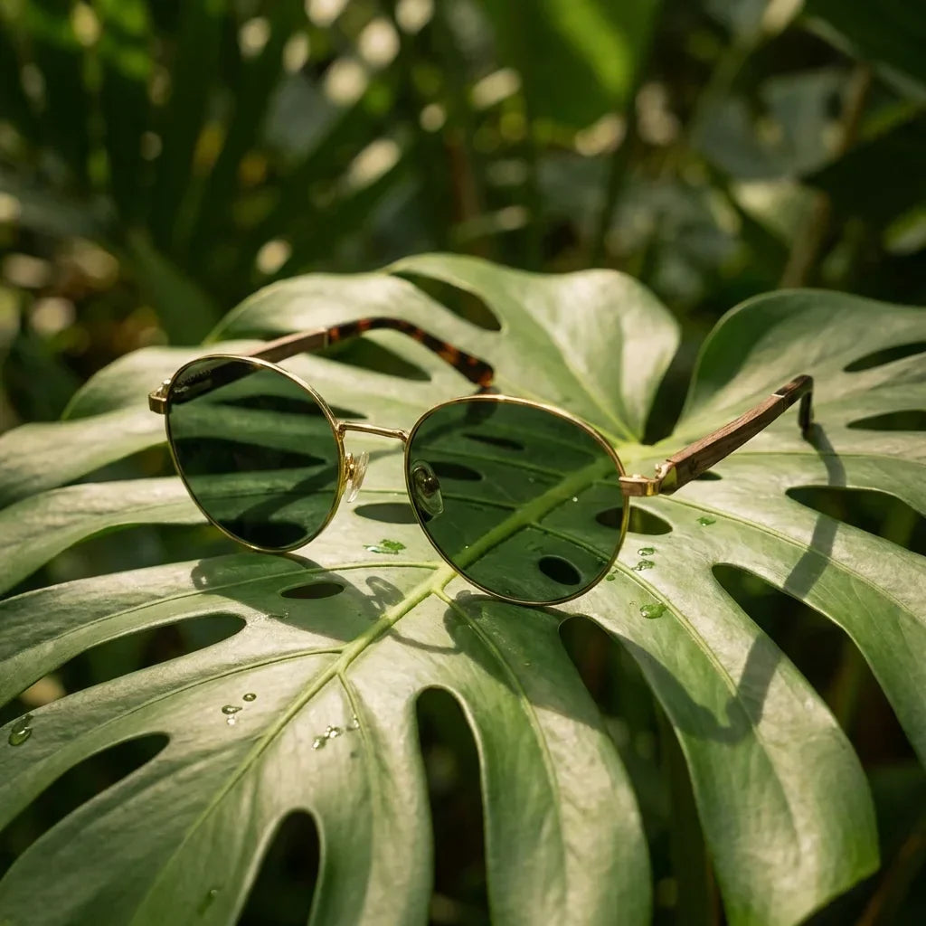 Harry Gold lentes de sol polarizados, entre hojas tropicales de monstera, armazón de acero y madera #editorial_grid2 #color_g15