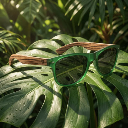 Lentes sol Acacia polarizados UV400 madera zebrano Forest Smoke composicion botanica monstera tropical natural Bonoboss #editorial_grid2 #color_forest-smoke